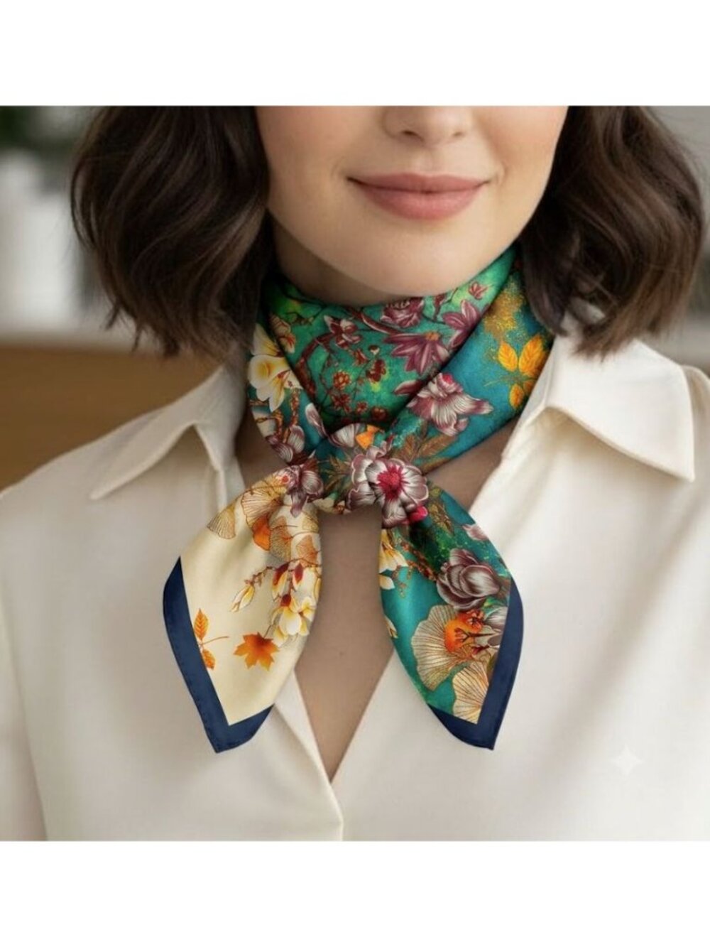 ✨Luxury Elegant Blue Floral Silky Square Scarf Beige Green Neck Accessory Hijab